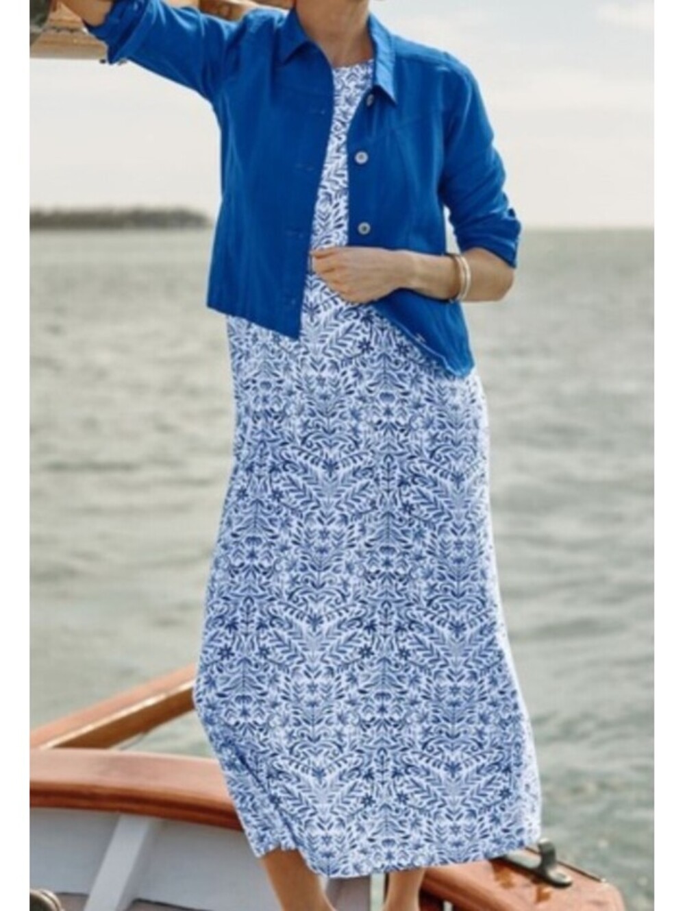 J JILL blue white pattern sleeveless maxi dress sz S